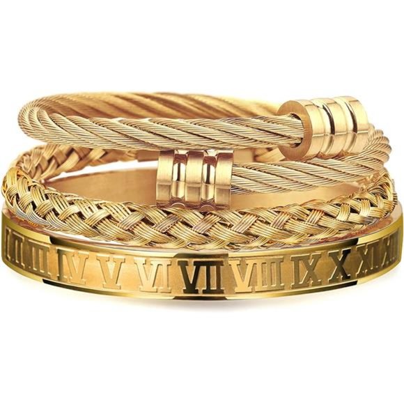 3PCS Stainless Steel Bracelets for Men Gold Roman Numeral Bangle Bracelet Cable - Picture 1 of 6